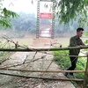 Do cầu treo bị hư hỏng nặng, rất nguy hiểm, nên xã Văn Luông đã cắt cử lực lượng công an xã ứng trực bên cầu, ngăn người dân không bắc thang leo lên cầu để qua sông. (Ảnh: Trung Kiên/TTXVN)