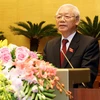 Tổng Bí thư Nguyễn Phú Trọng, Chủ tịch nước nhiệm kỳ 2016-2021 phát biểu nhậm chức Chủ tịch nước. (Ảnh: Trí Dũng/TTXVN)
