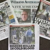 Các tờ báo chính của Australia đưa tin về vụ xả súng tại 2 đền thờ Hồi giáo ở Christchurch,New Zealand. (Nguồn: AFP/TTXVN)