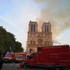 Lính cứu hỏa nỗ lực dập lửa tại hiện trường vụ hỏa hoạn Nhà thờ Đức Bà ở Paris (Pháp) ngày 15/4/2019. (Nguồn: THX/TTXVN)