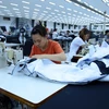 Công nhân sản xuất hàng may mặc tại Công ty trách nhiệm hữu hạn Kydo Việt Nam. (Ảnh: Phạm Kiên/TTXVN)