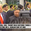 Tổng thống Mỹ Donald Trump trong cuộc gặp với Nhà lãnh đạo Triều Tiên Kim Jong-un tại DMZ. (Nguồn: AFP)