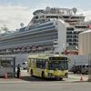 Xe buýt chở hành khách trên du thuyền Diamond Princess rời cảng ở Yokohama, Nhật Bản, ngày 19/2/2020. (Nguồn: AFP/TTXVN)