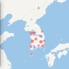Ảnh chụp màn hình của Coramamap Live được chụp vào ngày 24/2, cho thấy một bản đồ tương tác với thông tin về bệnh nhân COVID-19 và những nơi họ đã từng qua. (Nguồn: Yonhap)