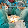 Kíp mổ Bệnh viện Trung ương Huế phẫu thuật lấy thanh sắt ra khỏi người bệnh nhân. (Nguồn: TTXVN phát)
