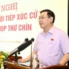 Bí thư Thành ủy Hà Nội Vương Đình Huệ phát biểu tại buổi tiếp xúc cử tri huyện Hoài Đức. (Ảnh: Văn Điệp/TTXVN)