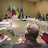 Toàn cảnh cuộc đàm phán bốn bên về tình hình Ukraine tại Geneva ngày 17/4. (Nguồn: THX/TTXVN)