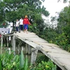 Tiềm ẩn tai nạn cho trẻ nhỏ khi đi qua cây cầu tạm tại xã Phước Chỉ, huyện Trảng Bảng. (Ảnh: Thanh Tân/TTXVN)