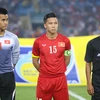 Ngọc Hải (giữa) nhiều khả năng sẽ không thể tham dự các giải đấu tiếp theo của U23 Việt Nam vì án treo giò của VFF. (Ảnh: Minh Chiến/Vietnam+)
