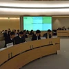 Đại diện các bộ, ngành Việt Nam phát biểu tại phiên họp lần thứ 18 về UPR tại Hội đồng Nhân quyền LHQ. (Ảnh: Tố Uyên/TTXVN)