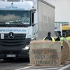 Cảnh sát giải tỏa những chướng ngại vật nông dân phong tỏa trên cây cầu nối Pháp và Đức ở Strabourg, miền đông nước Pháp trong cuộc biểu tình ngày 27/7. (Nguồn: AFP/TTXVN)