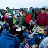 Nhân viên tình nguyện phân phát thực phẩm cho những người di cư đợi xe buýt để vào sâu trong lãnh thổ Áo tại Nickelsdorf khu vực biên giới Áo và Hungary ngày 5/9. (Nguồn: AFP/TTXVN)