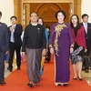 Chủ tịch Quốc hội Nguyễn Thị Kim Ngân hội kiến Chủ tịch Hạ viện Myanmar Win Myint. (Ảnh: Trọng Đức/TTXVN)