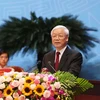Tổng Bí thư Nguyễn Phú Trọng phát biểu tại Lễ khai mạc Đại hội đại biểu Phụ nữ toàn quốc lần thứ XII. (Ảnh TTXVN)