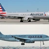 Máy bay của hãng hàng không American Airlines (ảnh trên) tại sân bay McCarran ở Las Vegas, Nevada, Mỹ và máy bay của hãng Qatar Airways (ảnh dưới) tại sân bay Hamad ở Doha, Qatar, ngày 12/6. (Nguồn: AFP/TTXVN)