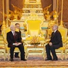 Tổng bí thư Nguyễn Phú Trọng hội đàm với Quốc vương Norodom Sihamoni. (Ảnh: Trí Dũng/TTXVN)