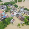 Hơn 200 hộ dân sống tại ven đê sông Đáy, xã Yên Bằng, huyện Ý Yên, Nam Định bị cô lập trong biển nước. (Ảnh: Công Luật/TTXVN)