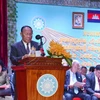 Chủ tịch Hội đồng Dân tộc Mặt trận Đoàn kết phát triển Tổ quốc Campuchia, Chủ tịch Quốc hội Campuchia, Chủ tịch danh dự Đảng Nhân dân Campuchia (CPP) cầm quyền Samdech Heng Samrin phát biểu tại buổi lễ. (Ảnh: Minh Hưng/TTXVN)