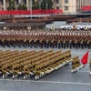 Binh sỹ Triều Tiên diễu binh trên Quảng trường Kim Nhật Thành ở Bình Nhưỡng. (Nguồn: THX/TTXVN)