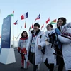 Các vận động viên trượt băng tốc độ cự li ngắn của Hàn Quốc tới làng Olympic ở Gangneung, tỉnh Gangwon. (Nguồn: Yonhap/TTXVN)
