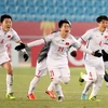 Niềm vui của các cầu thủ U23 Việt Nam sau khi thắng U23 Qatar sau những loạt đá 11m. (Ảnh: Hoàng Linh/TTXVN)