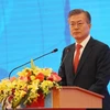 Tổng thống Hàn Quốc Moon Jae-in phát biểu tại Lễ động thổ xây dựng Viện Khoa học Công nghệ Việt Nam-Hàn Quốc. (Ảnh: Dương Giang/TTXVN)