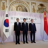 Thủ tướng Trung Quốc Lý Khắc Cường, Thủ tướng Nhật Bản Shinzo Abe và Tổng thống Hàn Quốc Moon Jae-in chụp ảnh chung trước Hội nghị thượng đỉnh ba bên tại Tokyo (Nhật Bản) ngày 9/5. (Nguồn: AFP/TTXVN)