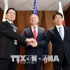 Bộ trưởng Quốc phòng Nhật Bản Itsunori Onodera (phải), Bộ trưởng Quóc phòng Mỹ Jim Mattis (giữa) và Bộ trưởng Quốc phòng Hàn Quốc Song Young Moo (trái) tại cuộc gặp ở Singapore. (Nguồn: YONHAP /TTXVN)