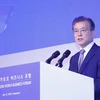 Tổng thống Hàn Quốc Moon Jae-in phát biểu tại diễn đàn doanh nghiệp tại Singapore. (Ảnh: YONHAP/TTXVN)