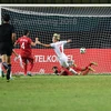 Pha ghi bàn tung lưới Olympic Syria của tuyển thủ Nguyễn Văn Toàn (số 8) trong trận tứ kết bóng đá nam ASIAD 2018 ở Bekasi ngày 27/8. (Ảnh: AFP/ TTXVN)