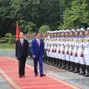 Chủ tịch nước Trần Đại Quang và Tổng thống Indonesia Joko Widodo duyệt đội danh dự Quân đội Nhân dân Việt Nam. (Ảnh: Nhan Sáng/TTXVN)
