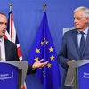 Trưởng đoàn đàm phán Brexit của EU Michel Barnier (phải) và Bộ trưởng phụ trách Brexit của Anh Dominic Raab trong cuộc họp báo chung sau vòng đàm phán Brexit tại Brussels, Bỉ ngày 31/8. (Ảnh: AFP/ TTXVN)