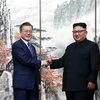 Nhà lãnh đạo Triều Tiên Kim Jong-un (phải) và Tổng thống Hàn Quốc Moon Jae-in trong cuộc họp báo chung thông báo kết quả cuộc hội đàm thượng đỉnh tại Bình Nhưỡng ngày 19/9. (Ảnh: THX/TTXVN)