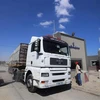 Xe chở hàng hóa qua cửa khẩu Kerem Shalom tại thị trấn Rafah, Dải Gaza ngày 10/7. (Ảnh: THX/TTXVN)