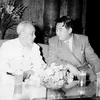 Ngày 28/11/1958, tại Phủ Chủ tịch, Chủ tịch Hồ Chí Minh tiếp Thủ tướng Kim Nhật Thành, dẫn đầu đoàn đại biểu Đảng và Chính phủ Triều Tiên sang thăm hữu nghị Việt Nam từ ngày 27/11 đến 3/12/1958.(Ảnh: TTXVN)
