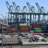 Các container hàng hóa từ Trung Quốc và các nước khác được bốc dỡ tại cảng Long Beach, Los Angeles, California, Mỹ, ngày 16/2/2019. (Ảnh: AFP/ TTXVN)