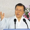 Tổng thống Hàn Quốc Moon Jae-in trong bài phát biểu nhân Ngày giải phóng 15/8 thoát khỏi ách cai trị của phátxít Nhật trên Bán đảo Triều Tiên, tại Cheonan, ngày 15/8/2019. (Ảnh: Yonhap/ TTXVN)