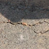 Những vết rạn nứt mới khoảng 1cm xuất hiện trên mặt đường Quốc lộ 91 phía bờ sát khu dân cư chạy dài hàng chục mét và đang có dấu hiệu tiếp tục phát triển thêm. (Ảnh: Công Mạo/TTXVN)