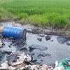 Những thùng phuy nghi chứa chất thải công nghiệp độc hại vứt cạnh nguồn nước chảy ra mương tưới tiêu cạnh Đại lộ Thăng Long. (Ảnh: Mạnh Khánh/TTXVN)