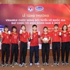 Các nữ cầu thủ trong buổi Lễ Vinamilk tặng thưởng và chúc mừng đội tuyển đạt chức vô địch Đông Nam Á 2019. (Nguồn: Vietnam+)