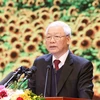 Tổng Bí thư, Chủ tịch nước Nguyễn Phú Trọng đọc Diễn văn kỷ niệm 90 năm Ngày thành lập Đảng Cộng sản Việt Nam. (Ảnh: Phương Hoa/TTXVN)