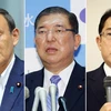 (Từ trái qua phải) Chánh văn phòng nội các Yoshihide Suga, cựu Tổng thư ký LDP Ishiba Shigeru và Trưởng ban Nghiên cứu chính sách Fumio Kishida. (Nguồn: AFP/Yonhap)