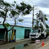 Công nhân điện lực nỗ lực khắc phục hậu quả bão số 5 để cấp điện cho người dân Thừa Thiên-Huế. (Ảnh: Tường Vi/TTXVN)