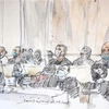 Tranh vẽ 14 đối tượng bị cáo buộc hỗ trợ các tay súng thánh chiến tấn công tòa soạn báo châm biếm Charlie Hebdo trong phiên xét xử tại Paris, Pháp, ngày 2/9/2020. (Ảnh: AFP/TTXVN)