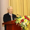 Tổng Bí thư, Chủ tịch nước Nguyễn Phú Trọng phát biểu tại Hội nghị triển khai nhiệm vụ năm 2021 của Văn phòng Chủ tịch nước. (Ảnh: Trí Dũng/TTXVN)
