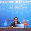 Bộ trưởng Bộ Ngoại giao Bùi Thanh Sơn chủ trì Phiên thảo luận mở cấp Bộ trưởng về chủ đề Bảo vệ cơ sở hạ tầng thiết yếu đối với sự sống của người dân. (Ảnh: Lâm Khánh/TTXVN)