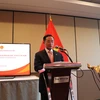 Đại sứ Đặc mệnh toàn quyền Phạm Cao Phong phát biểu tại buổi gặp mặt. (Ảnh: TTXVN) 