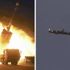 Hình ảnh do Hãng thông tấn KCNA đăng phát ngày 13/9/2021 cho thấy một tên lửa đạn đạo tầm xa thế hệ mới rời bệ phóng (ảnh trái) và bay trên bầu trời (ảnh phải). (Ảnh: YONHAP/TTXVN)