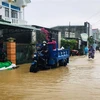 Lực lượng chức năng huyện Tuy Phước vận chuyển cát giúp người dân đắp bờ nước lũ tràn vào nhà. (Ảnh: TTXVN phát)