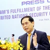 Bộ trưởng Ngoại giao Bùi Thanh Sơn chủ trì họp báo quốc tế về việc Việt Nam hoàn thành nhiệm kỳ Ủy viên không thường trực Hội đồng Bảo an Liên hợp quốc nhiệm kỳ 2020-2021. (Ảnh: Lâm Khánh/TTXVN)